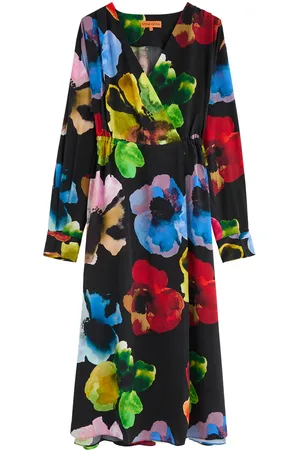 STINE GOYA Floral-print Wrap-effect Matte Satin Midi Dress - - M (UK12 / M)
