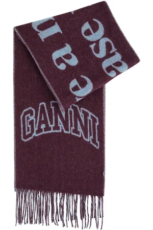 Ganni Logo-intarsia Fringed Wool Scarf - - One Size
