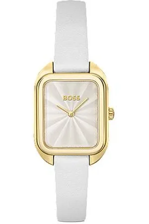HUGO BOSS Gold-tone rectangular watch with leather strap