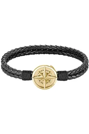 HUGO BOSS Braided leather cuff with golden-tone compass plate