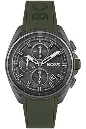 HUGO BOSS Grey-plated chronograph watch with olive silicone strap