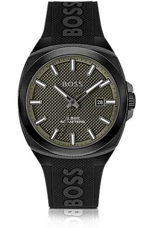 HUGO BOSS Silicone-logo-strap watch with olive guilloché dial