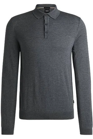 HUGO BOSS Long-sleeved knit polo sweater in Italian virgin wool