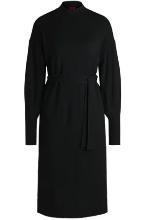 HUGO BOSS Long-sleeved dress in virgin wool with tie belt