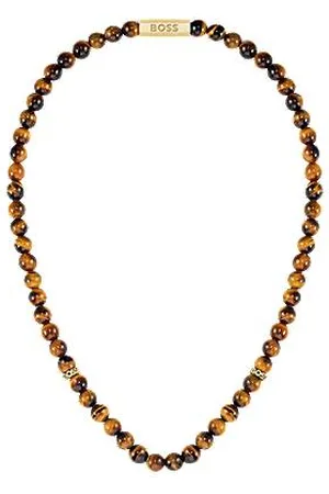 HUGO BOSS Tiger-eye beaded necklace with branded rondelles