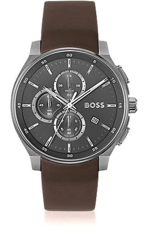 HUGO BOSS Grey-plated chronograph watch with leather strap