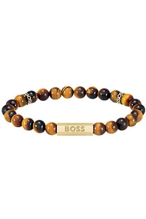 HUGO BOSS Tiger-eye beaded cuff with branded rondelles