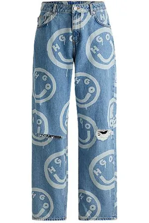 HUGO BOSS Baggy-fit distressed jeans with Happy print