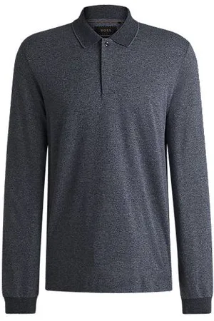 HUGO BOSS Long-sleeved knit polo in mouliné cotton and silk