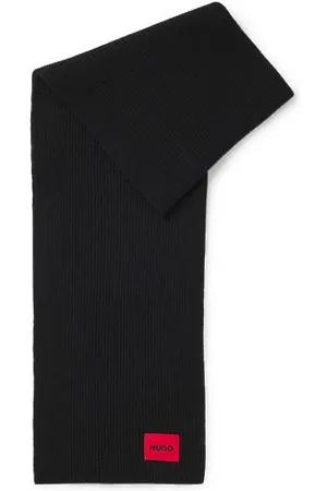 HUGO BOSS Ribbed wool-blend scarf with red logo label