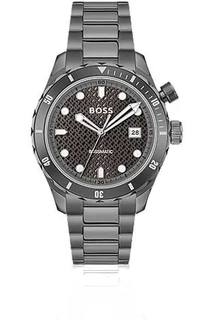 HUGO BOSS Grey-plated automatic watch with monogram-textured dial