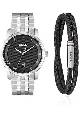 HUGO BOSS Knurled-dial watch and braided-leather cuff gift set
