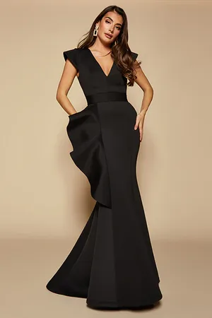 Jarlo Avery Ruffle Frill V Neck Scuba Maxi Dress, UK 6 / US 2 / EU 34 /