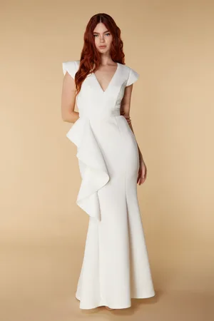 Jarlo Avery Ruffle Frill V Neck Scuba Maxi Dress, UK 6 / US 2 / EU 34 /