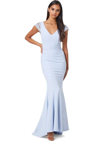 Jarlo Maia V Neck Maxi Dress with Lace Cap Sleeves and Button Open Back, UK 16 / US 12 / EU 44 /