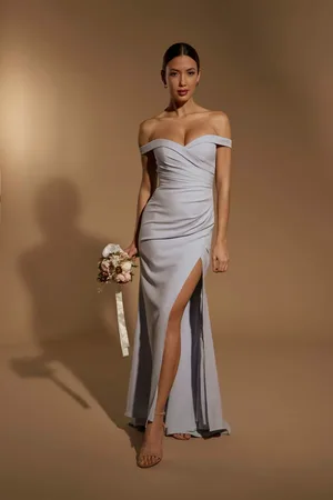 Jarlo Bluebell Bardot Maxi Dress With Thigh Split And Button Back, UK 12 / US 8 / EU 40 /