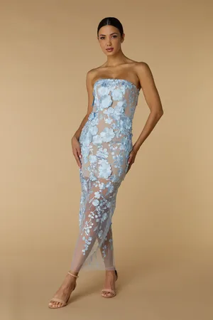 Jarlo Willow Strapless Midi Dress in Floral 3D Lace, UK 6 / US 2 / EU 34 /