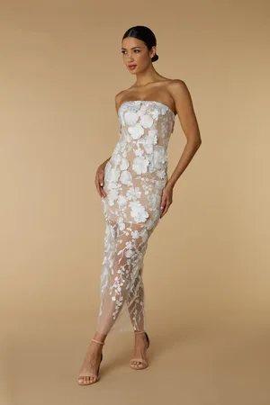Jarlo Willow Strapless Midi Dress in Floral 3D Lace, UK 6 / US 2 / EU 34 /