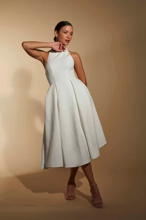 Jarlo Denise Pleated A-Line Midi Dress with Halter Neckline, UK 6 / US 2 / EU 34 /