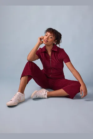 Joanie Clothing Robin Short Sleeve Corduroy Boilersuit - Burgundy - 8