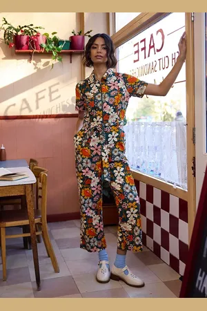 Joanie Clothing Mork Retro Floral Print Short Sleeve Boilersuit - UK 18