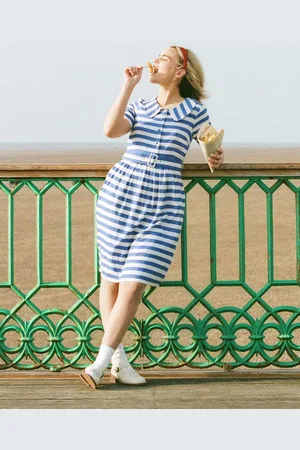 Joanie Clothing Jean Stripe Print Collared Sundress - - UK 10