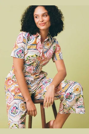 Joanie Clothing Ithaca Postcard Print Short Sleeve Boilersuit- UK 10 - Sustainable Organic Cotton