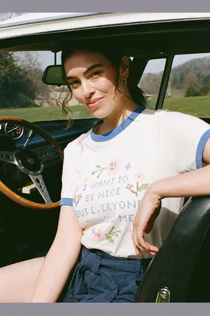 Joanie Clothing Rosie Cross Stitch Slogan Ringer Tee-L (UK 16-18) - Sustainable Organic Cotton