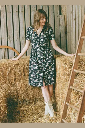 Joanie Clothing Natalie Western Cowgirl Print Button-Down Tea Dress- UK 10 - Sustainable Organic Cotton