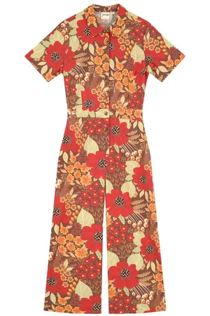 Joanie Clothing Imala Floral Deckchair Print Short Sleeve Boilersuit - UK 14 - Sustainable Organic Cotton