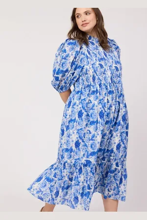 Joanie Clothing Priya Floral Print Puff Sleeve Midi Dress-L (UK 16-18) - Sustainable Organic Cotton