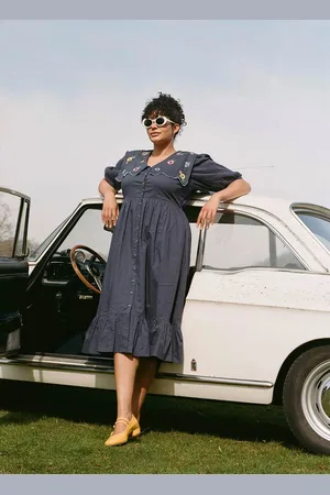 Joanie Clothing Sailor Embroidered Puff Sleeve Midi Dress- UK 10 - Sustainable Organic Cotton