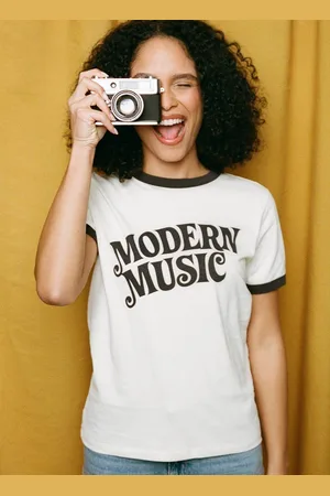 Joanie Clothing Hit Parade Modern Music Graphic Ringer Tee-L (UK 16-18) - Sustainable Organic Cotton