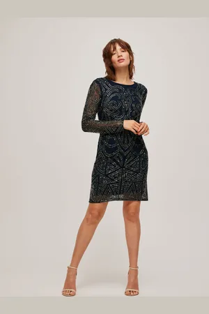 Sila Long Sleeve Embellished Maxi Dress in Dark Blue – Lace & Beads