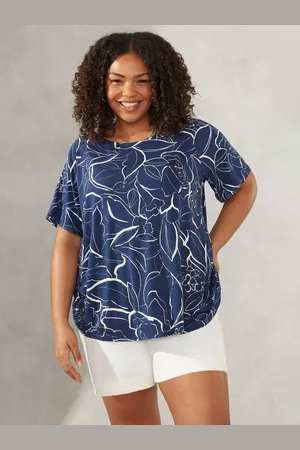 Live Unlimited London Curve Linear Floral Print Flutter Sleeve Jersey Top