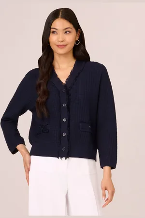 Adrianna Papell Frayed Waffle Crop Cardigan