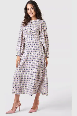 Closet Printed Gathered Waist Puff Sleeve Midi Dress