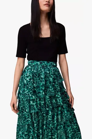 Whistles Watercolour Wildcat Print Tiered Midi Skirt