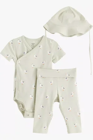 Lindex Baby Organic Cotton Blend Blend Bird Print Wrap Bodysuit, Trousers, & Hat Set