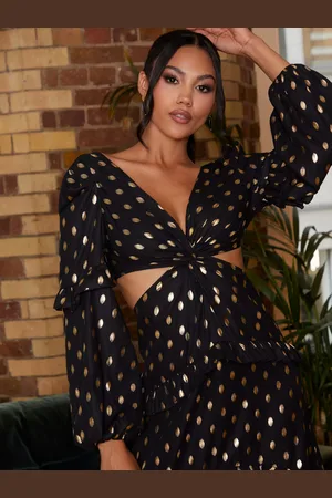 Chi Chi London Ruffle Foil Spot Cutout Maxi Dress