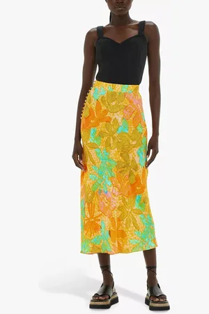 Whistles Palm Floral Side Button Midi Skirt