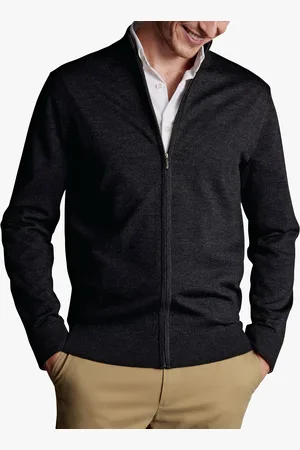 Charles Tyrwhitt Pure Merino Wool Zip Through Cardigan, Charcoal Grey