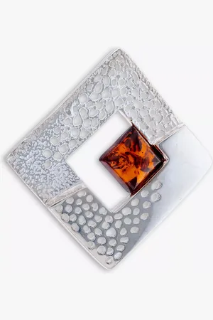 Be-Jewelled Sterling Silver Square Amber Brooch
