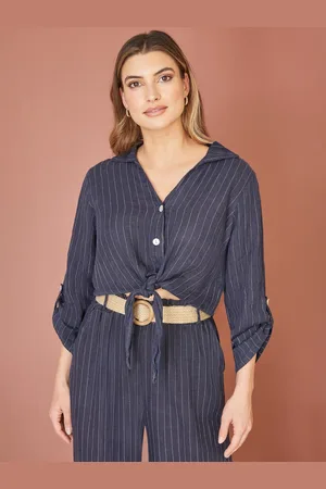 Yumi Italian Linen Striped Front Tie Shirt