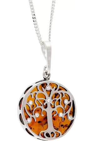 Be-Jewelled Sterling Silver Round Amber Tree Pendant Necklace