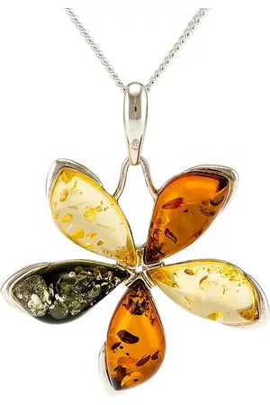 Be-Jewelled Sterling Silver Marquise Amber Flower Pendant Necklace