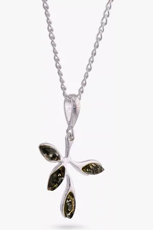 Be-Jewelled Sterling Silver Baltic Amber Leaf Pendant Necklace