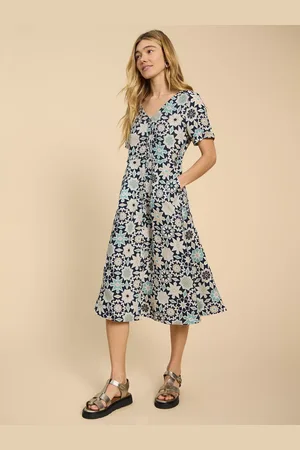 White Stuff Ivy Graphic Print Midi Linen Dress