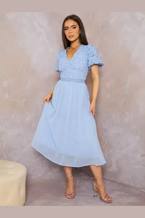 Chi Chi London Lace Bodice Puff Sleeve Midi Dress