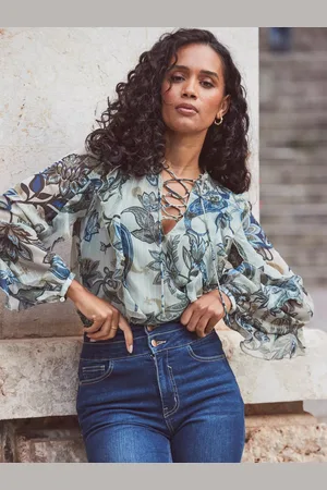 Sosandar Floral Print Metallic Stripe Blouse